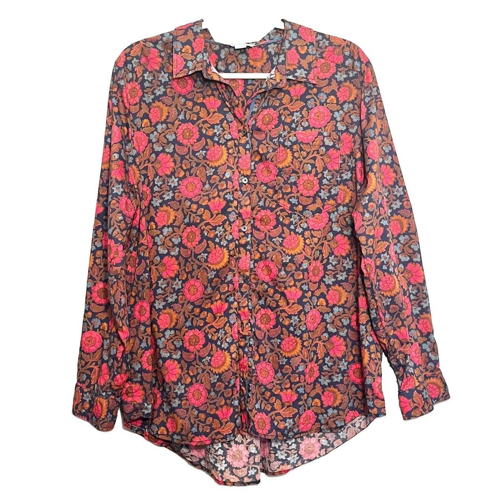Sundance 100% Cotton Dark Floral Button Down Top Long Sleeves XL Boho Botanical